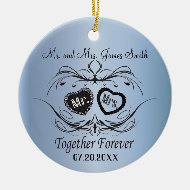 Light Blue Wedding Keepsake Ceramic Ornament (Front)