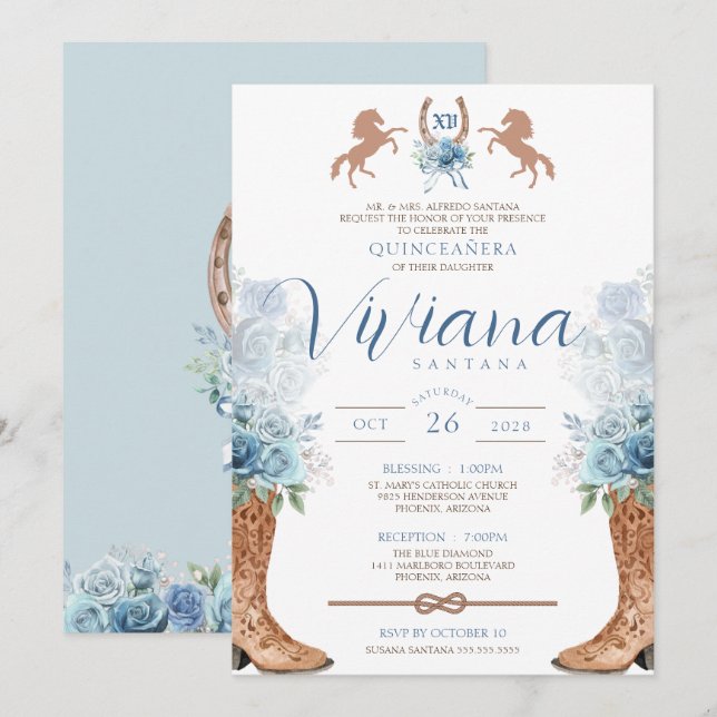 Light Blue Western Charra Quinceanera  Invitation (Front/Back)