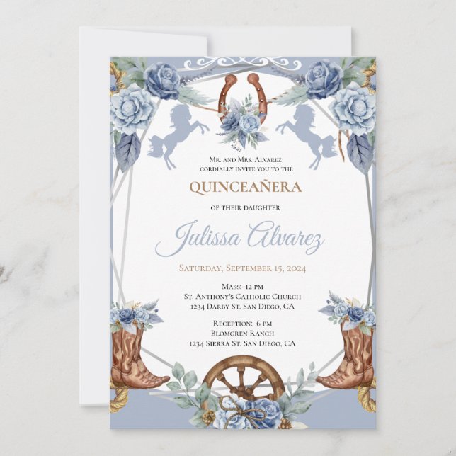 Light Blue Western Charra Quinceanera Invitation (Front)