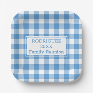 Light Blue White Buffalo Check Family Reunion Paper Plates