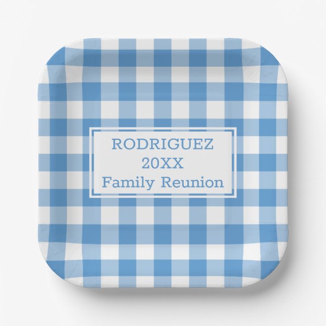 Light Blue White Buffalo Check Family Reunion Paper Plates (Front)