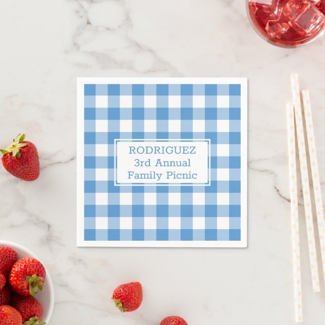 Light Blue White Buffalo Check Name Family Picnic Napkins (Insitu)