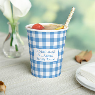 Light Blue White Buffalo Check Name Family Picnic Paper Cups