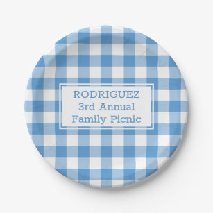 Light Blue White Buffalo Check Name Family Picnic Paper Plates