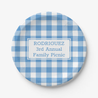 Light Blue White Buffalo Check Name Family Picnic Paper Plates