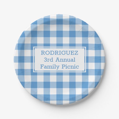 Light Blue White Buffalo Check Name Family Picnic Paper Plates