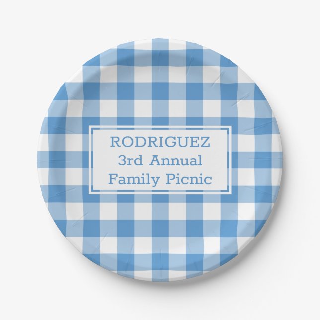 Light Blue White Buffalo Check Name Family Picnic Paper Plates (Front)