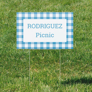 Light Blue White Buffalo Plaid Custom Name Party Sign
