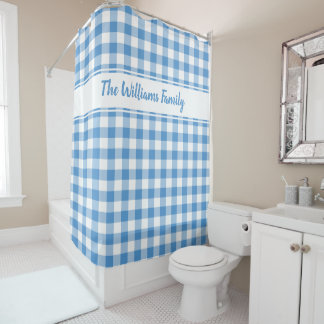 Light Blue White Buffalo Plaid Pattern Custom Name Shower Curtain