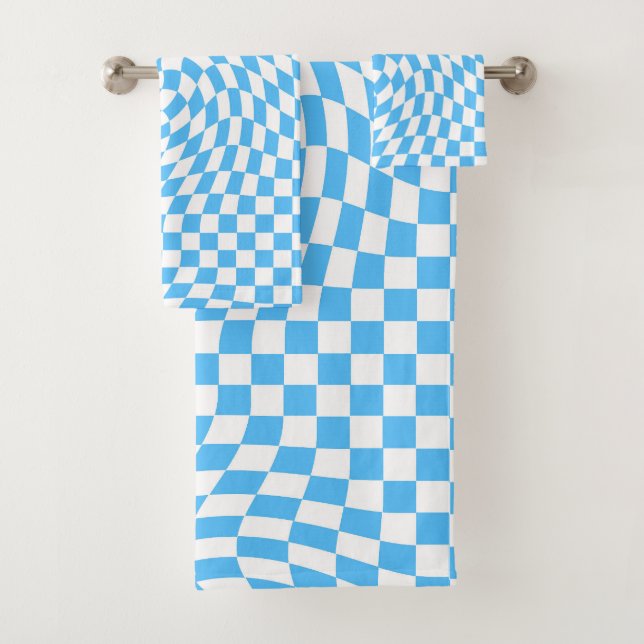 Light Blue & White Checkered Checkerboard Pattern  Bath Towel Set (Insitu)