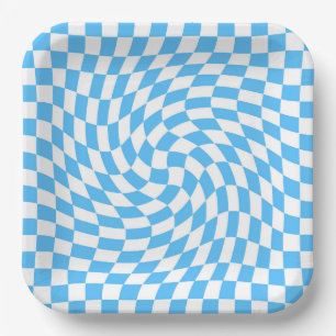 Light Blue & White Checkered Checkerboard Pattern  Paper Plates