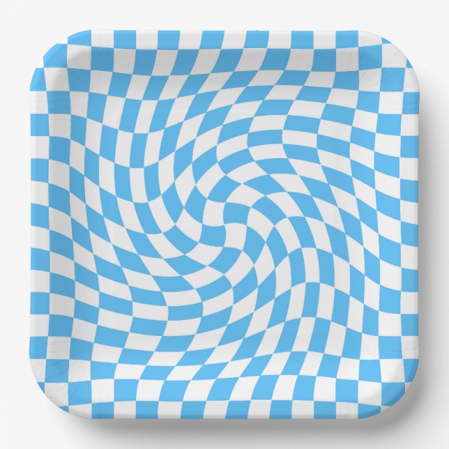 Light Blue & White Checkered Checkerboard Pattern  Paper Plates (Front)