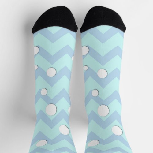 Light blue white Chevron pattern with Snowballs Socks