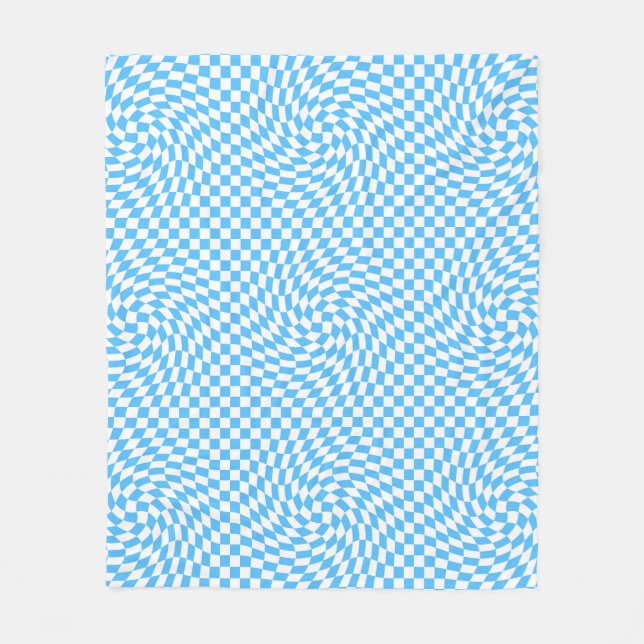 Light Blue & White Chic Warped Checkered Pattern  Fleece Blanket (Front)