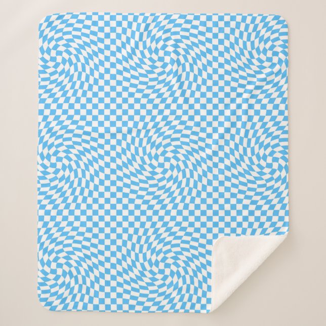 Light Blue & White Chic Warped Checkered Pattern  Sherpa Blanket (Front)