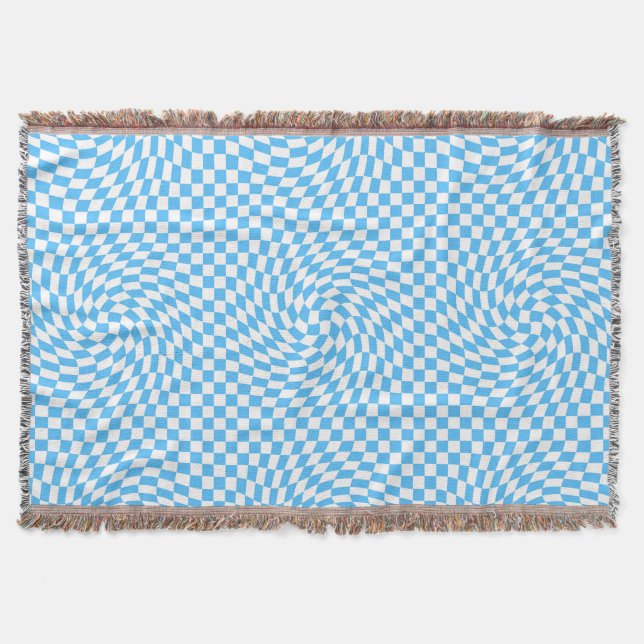 Light Blue & White Chic Warped Checkered Pattern  Throw Blanket (Front)
