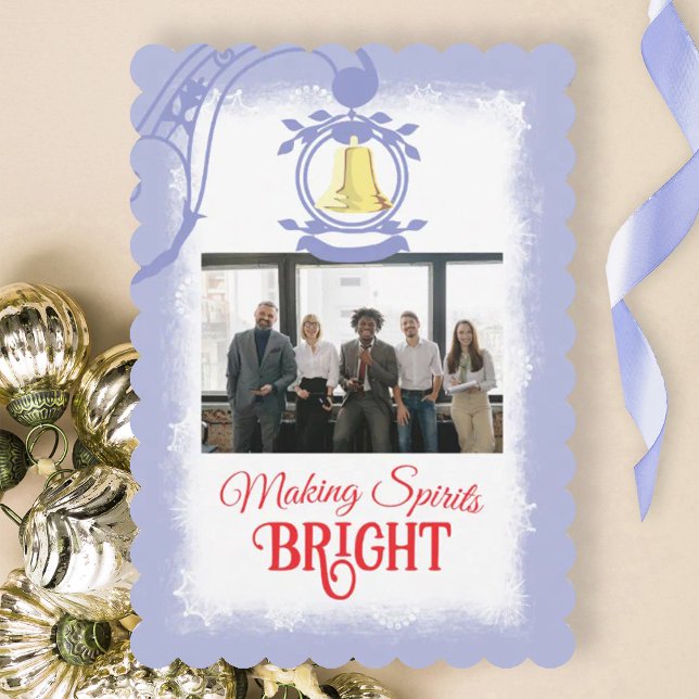 Light Blue, White Company Logo Christmas Photo Holiday Card (light blue company Christmas card with gold bell and red script text, photo greeting card)