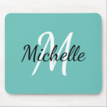 Light Blue & White Custom Monogram Cute Mousepad<br><div class="desc">Mouse pad with a light teal blue background and white custom monogram first initial and first name</div>