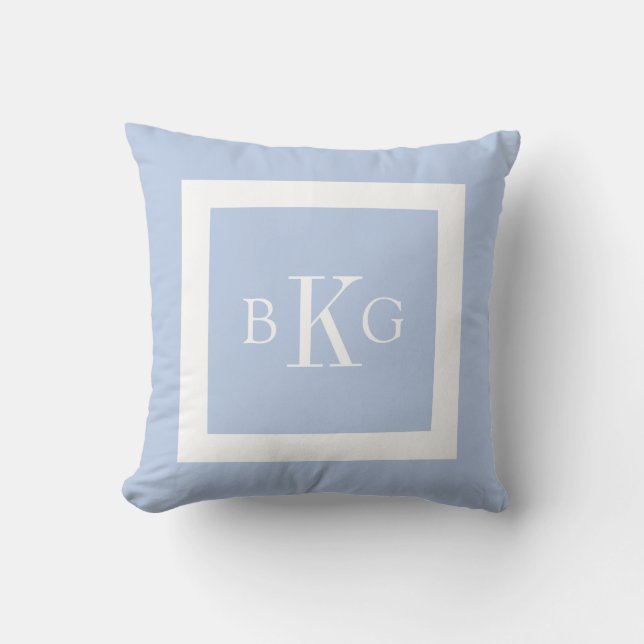 Light Blue White Custom Monogram Throw Pillow (Front)