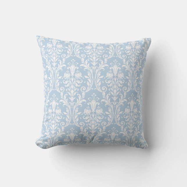 Light Blue & White Damask Floral Swirls 4 Throw Pillow (Front)