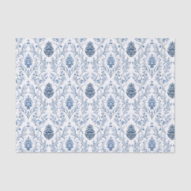 Light Blue & White Damask with Pine Cones Tissue Paper (Front)