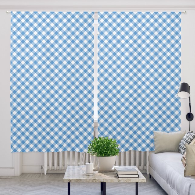 Light Blue White Diagonal Gingham Plaid Pattern Blackout Curtains (Living Room)