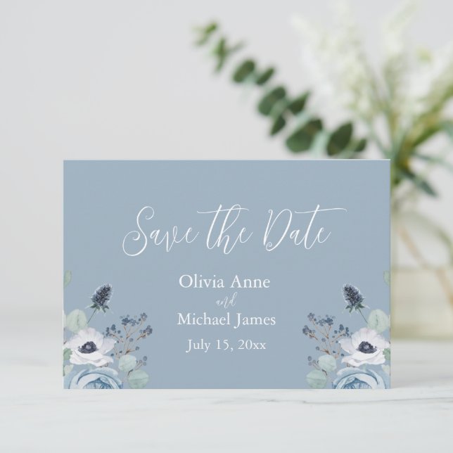 Light Blue & White Floral Save The Date (Standing Front)