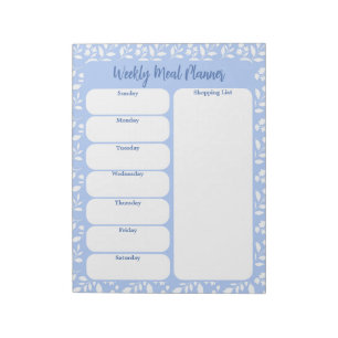 Light Blue White Floral Weekly Meal Planner Notepad
