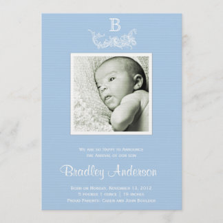 Light Blue White Frame Monogram Baby Announcement