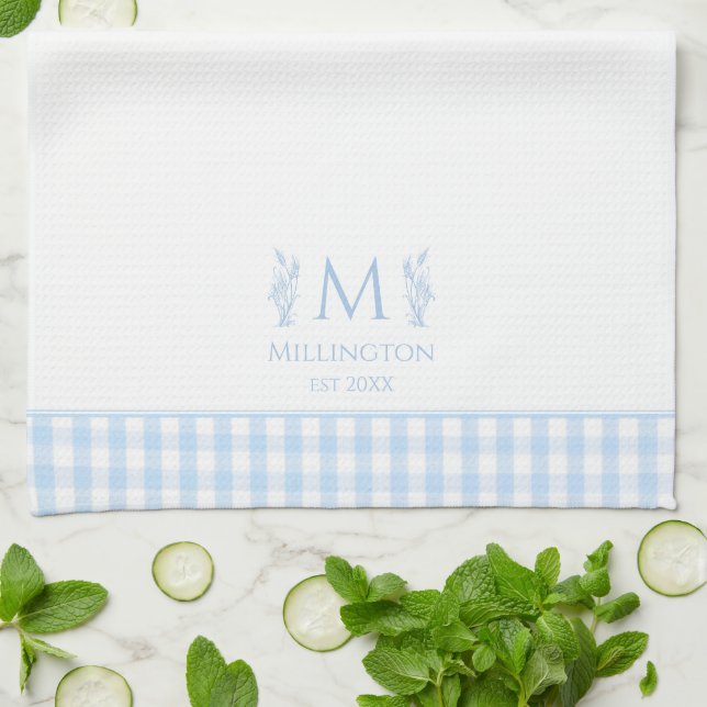 Light Blue & White Gingham Custom Monogram Name Kitchen Towel (Folded)