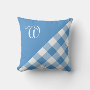 Light Blue White Gingham Plaid Pattern Monogram Throw Pillow
