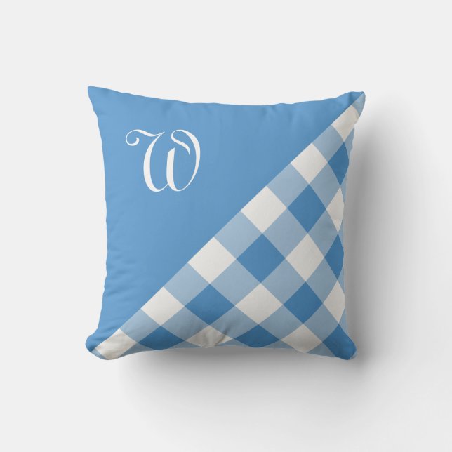 Light Blue White Gingham Plaid Pattern Monogram Throw Pillow (Front)