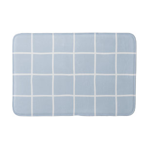Light Blue White Grid Checkered Scandi Minimalist Bath Mat
