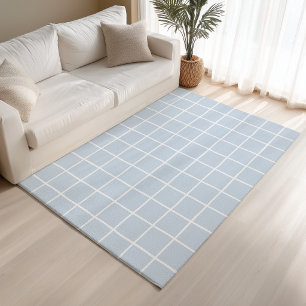 Light Blue White Grid Checkered Scandi Minimalist Rug