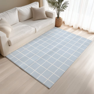 Light Blue White Grid Checkered Scandi Minimalist Rug