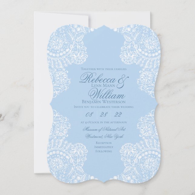 Light Blue White Lace Elegant Vintage Wedding Invitation (Front)