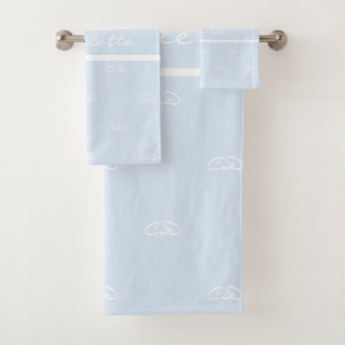 Light blue white monogram initials pattern name bath towel set