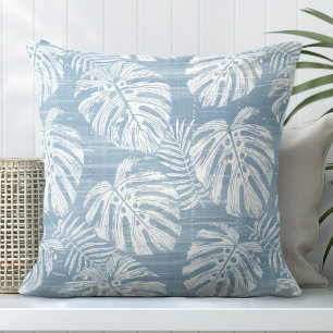 Light Blue & White Monstera Palm Leaves Throw Pillow