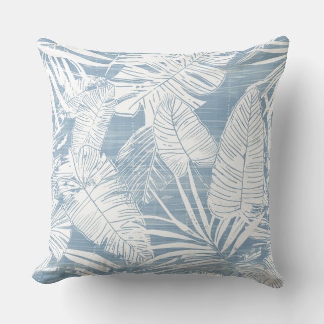 Light Blue & White Palm Leaf Throw Pillow (Front)