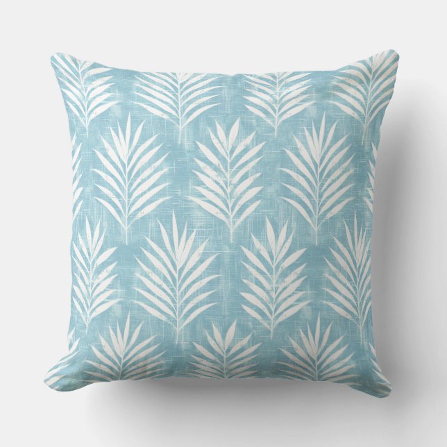 Light Blue & White Palm Leaf Throw Pillow (Front)