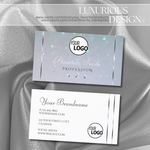 Light Blue White Pearl Glitter Diamonds and Logo Business Card