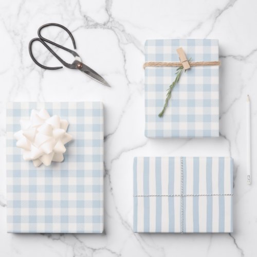 Light Blue White Plaid Stripes Bridal Shower Wrapping Paper Sheets