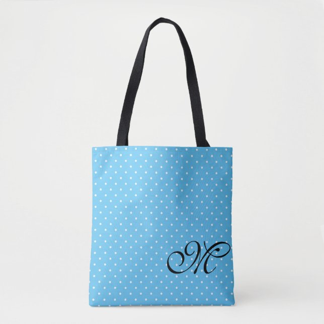 Light Blue & White Polka Dot Monogram Tote Bag (Front)
