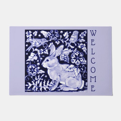 Light Blue  White Rabbit Bird Welcome Dedham Doormat