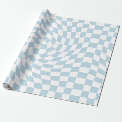 Light Blue White Retro Warped Checks Checkered  Wrapping Paper