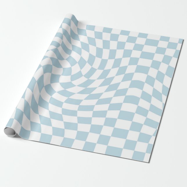 Light Blue White Retro Warped Checks Checkered  Wrapping Paper (Unrolled)