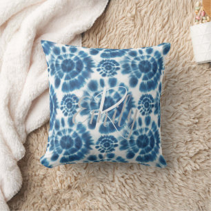 Light Blue & White Shibori Tie Dye Monogram Name Throw Pillow