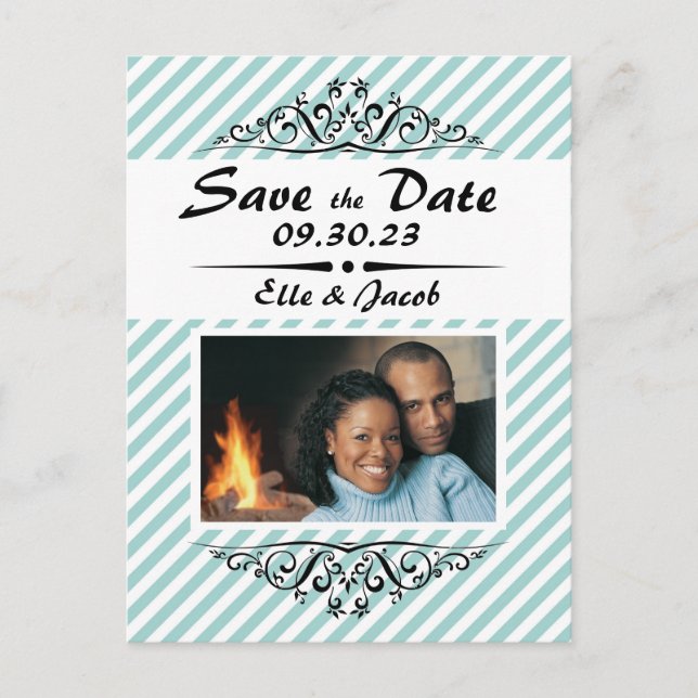 Light Blue White Striped Save the Date Post Card (Front)