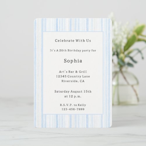 Light Blue White Stripes Birthday Invitation