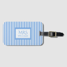 Light Blue & White Stripes Custom Name Luggage Tag